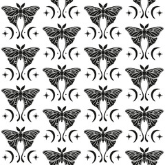 Canvas Print - Monochrome seamless pattern with celestial luna moth and paisley motif. Stars and moons boho wallpaper. Nocturnal butterfly background.