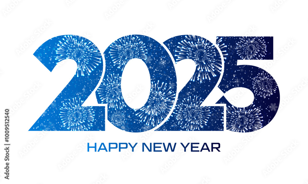 Happy New Year 2025 text design. Firework and snowfall. Vector