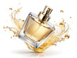 © Ольга - A sleek glass perfume bottle is surrounded by a dynamic splash of golden liquid, highlighting the luxurious essence and fragrance.