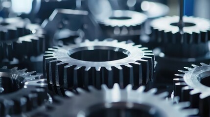 Poster - Close-up of metallic gears in a factory setting, showcasing intricate details and industrial design for mechanical applications.