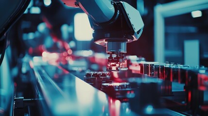 Poster - Close-up of robotic arm assembling components in a modern factory, showcasing automation technology and precision engineering.