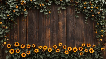 Sticker - Sunflowers growing on a rustic wooden wall with a blank space for text.