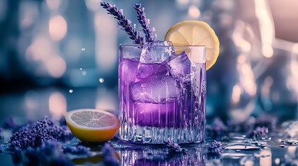 Wall Mural - Purple cocktail with ice, lavender, and lemon garnishes on a bar.