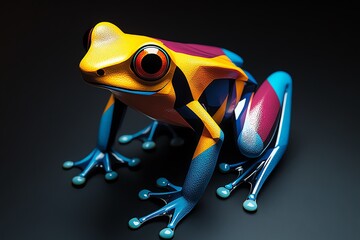 Poster - Abstract minimalist design of a colorful frog, blending sharp geometric forms with bright colors to capture the essence of a poison dart frog.
