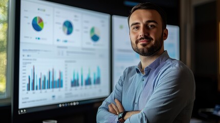 Poster - Confident analyst poses with digital charts and graphs, showcasing data-driven insights in a modern workspace.