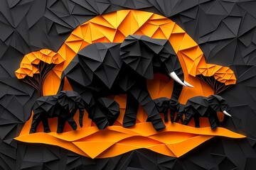 Poster - Abstract minimalist design of a herd of elephants walking through a savannah, with geometric shapes representing the powerful presence of fauna in nature
