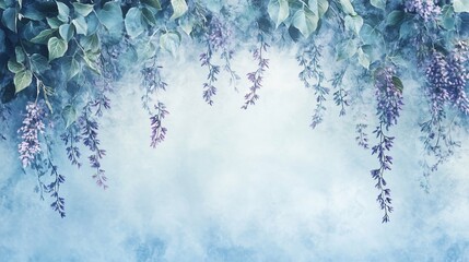 Sticker - Watercolor floral background with hanging purple flowers and green leaves on a blue background.