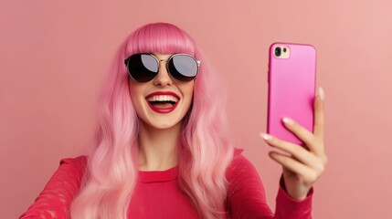 A joyful woman influencer with pink hair taking a selfie