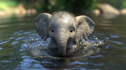 Sticker -   A close-up of an elephant in a body of water, with its trunk emerging from the surface