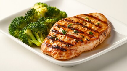 A grilled turkey breast served with a side of steamed broccoli, styled on a clean white plate with a subtle background