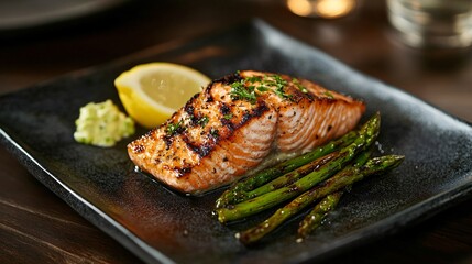 A light, grilled salmon fillet with asparagus and a lemon wedge, styled on a dark ceramic plate with soft lighting