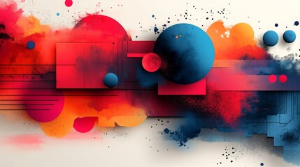 Poster - Abstract explosion of colors with geometric shapes and spheres creating a vibrant artwork