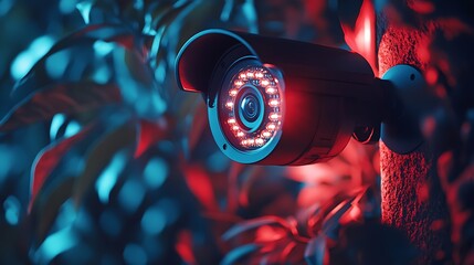 a security camera with visible infrared lights around the lens. The image highlights the camera’s ability to capture clear footage in complete darkness, with a glowing red hue from the infrared lights