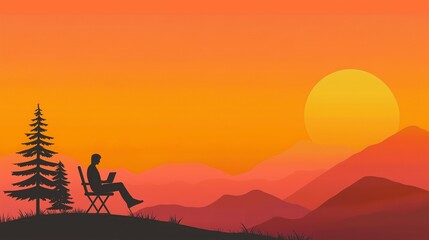 Wall Mural - a serene sunset scene featuring a person sitting on a chair, surrounded by mountains and trees, evok