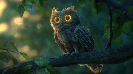 Wall Mural -   A close-up of an owl on a tree branch with light shining through its eyes