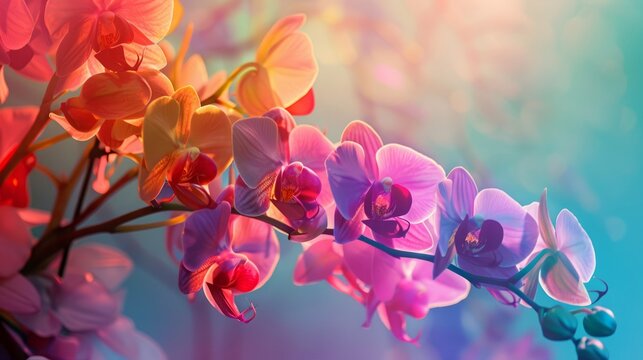 A bunch of colorful blooming orchids flowers are decorated at entrance to the cerebration hall.