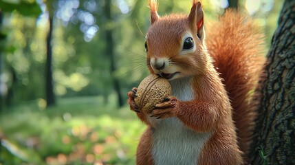 Poster -   A zoomed-in image of a squirrel clutching a nut within its jaw as it perches beside a tall tree amidst a woodland