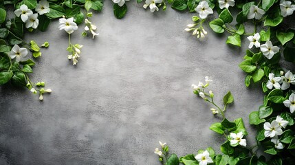 Sticker - White flowers and green leaves on a gray textured background.