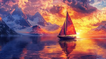 Wall Mural - a serene sunset scene with a sailboat gliding across calm waters, surrounded by majestic mountains a