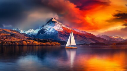 Wall Mural - a serene landscape featuring a sailboat on reflective water, against a backdrop of colorful sunset s