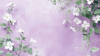 Sticker - White flowers and green leaves on a purple background.