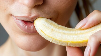 Poster -   Close-up of a person taking a bite out of a banana, with part of it bitten off