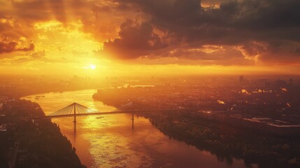 Wall Mural - Stunning aerial view of a river at sunset, featuring a beautiful bridge and vibrant colors reflecting on the water.