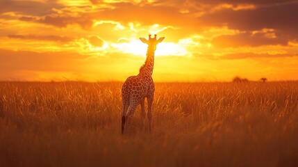 Poster -  A giraffe standing in a field with sunlight filtering through the clouds