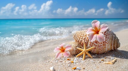 Poster -   Starfish on Sandy Beach with Shell & Pink Flower