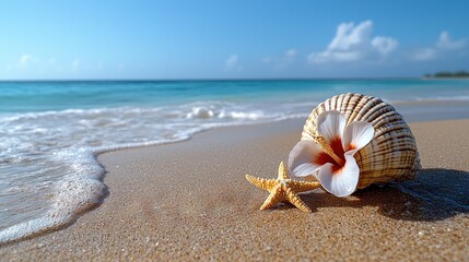 Poster -   A seashell and starfish on a sandy beach with an ocean and blue sky in the background