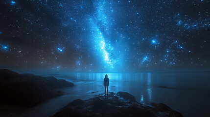 a person standing on the edge of an ocean, gazing at the stars in the night sky, surrounded by twink