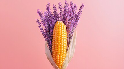 Sticker -   Close-up of a corn ear surrounded by purple blooms on a pink backdrop