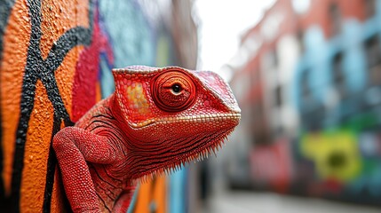 Poster -   A close-up of a red camel on the side of a building with graffiti on its walls