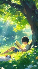 Wall Mural - A child reading under a tree in a sunlit, grassy area, accompanied by a cat.