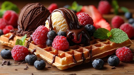 Poster -  Wooden table adorned with waffle topped with ice cream, chocolate, raspberries, and chocolate sauce