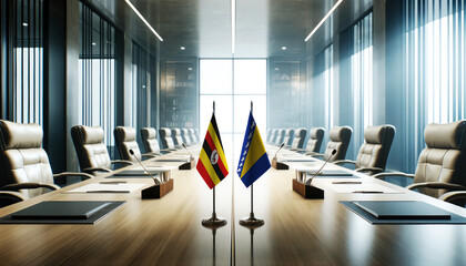 A modern conference room with Uganda and Bosnia and Herzegovina flags on a long table, symbolizing a bilateral meeting or diplomatic discussions between the two nations.