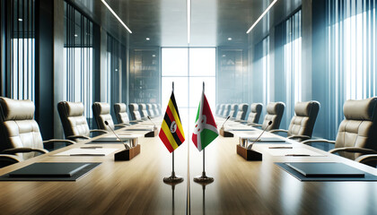 A modern conference room with Uganda and Burundi flags on a long table, symbolizing a bilateral meeting or diplomatic discussions between the two nations.