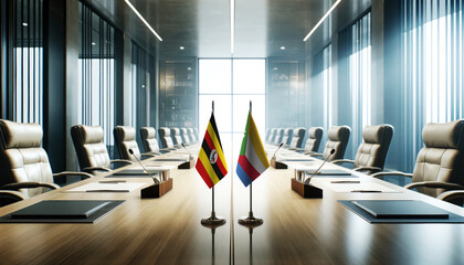 A modern conference room with Uganda and Comoros flags on a long table, symbolizing a bilateral meeting or diplomatic discussions between the two nations.