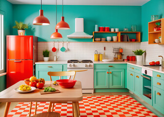 kitchen with red and green kitchen