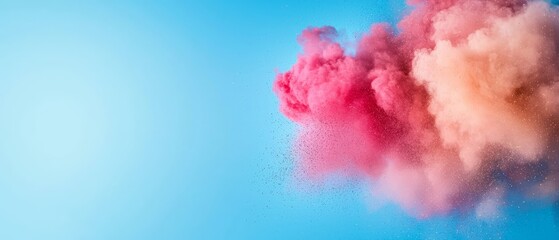 Wall Mural -  A blue sky with pink-red smoke rising from the tops of smokestacks below