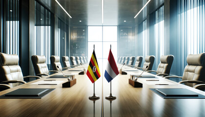 A modern conference room with Uganda and Netherlands flags on a long table, symbolizing a bilateral meeting or diplomatic discussions between the two nations.