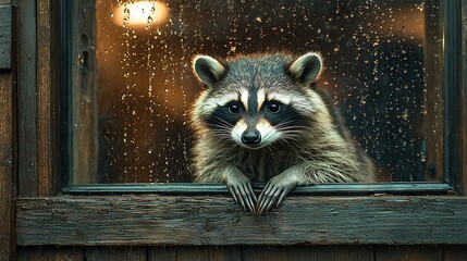 Poster -   Raccoon staring out window with raindrops on its face and paw on sill