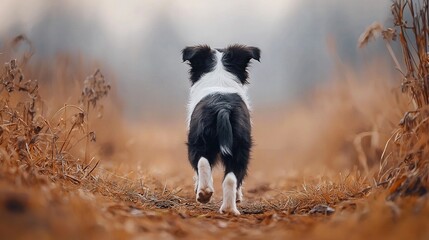 Poster -   A monochromatic pooch stands amidst a parched pasture under a hazy sky