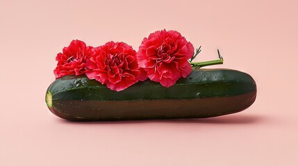 Canvas Print -   A cucumber sits atop a pink surface with a pink backdrop adorned with flowers