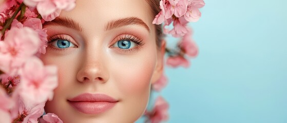  A close-up portrait of a woman with blue eyes is adorned with pink flowers in her hair and behind her