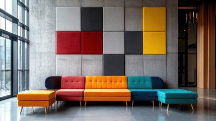 Poster - A brightly colored modern sofa with multiple seating configurations stands against an abstract wall, creating a vibrant focal point in a minimalist living room.