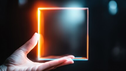Poster - A hand holding a glowing neon square frame in a dark setting, symbolizing futuristic design, creativity, and the blend of technology with art.