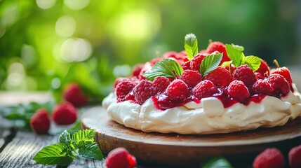 Canvas Print -   A cake on a wooden board with whipped cream and raspberries surrounded by leaves and berries