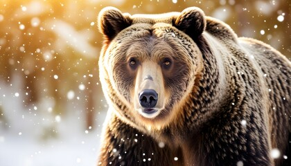 Intriguing close-up of a brown bear gazing into the camera, surrounded by softly falling snowflakes and a dreamy golden light backdrop