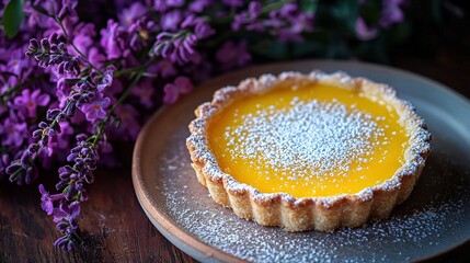 Poster -   A tart with powdered sugar rests atop a wooden table, surrounded by a bouquet of purple flowers